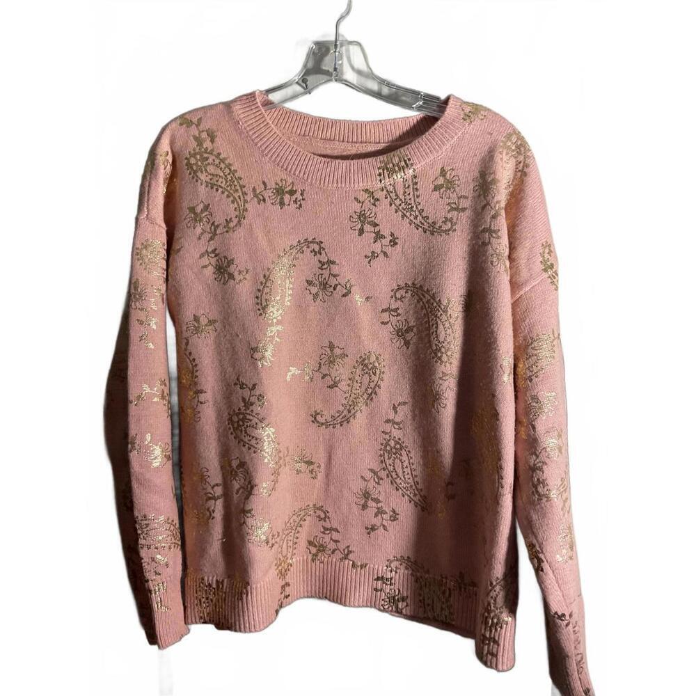 Pink Paisley Cropped Sweater with Metallic Accents Large